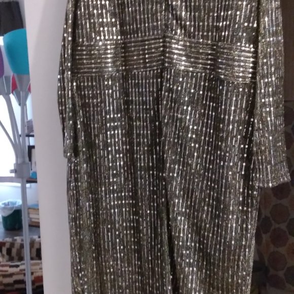 🆕 ASHROS DESIGN Metallic & Black Mock Wrap Dress Live it! Has Mesh sleeves SZ 1X - Picture 7 of 11
